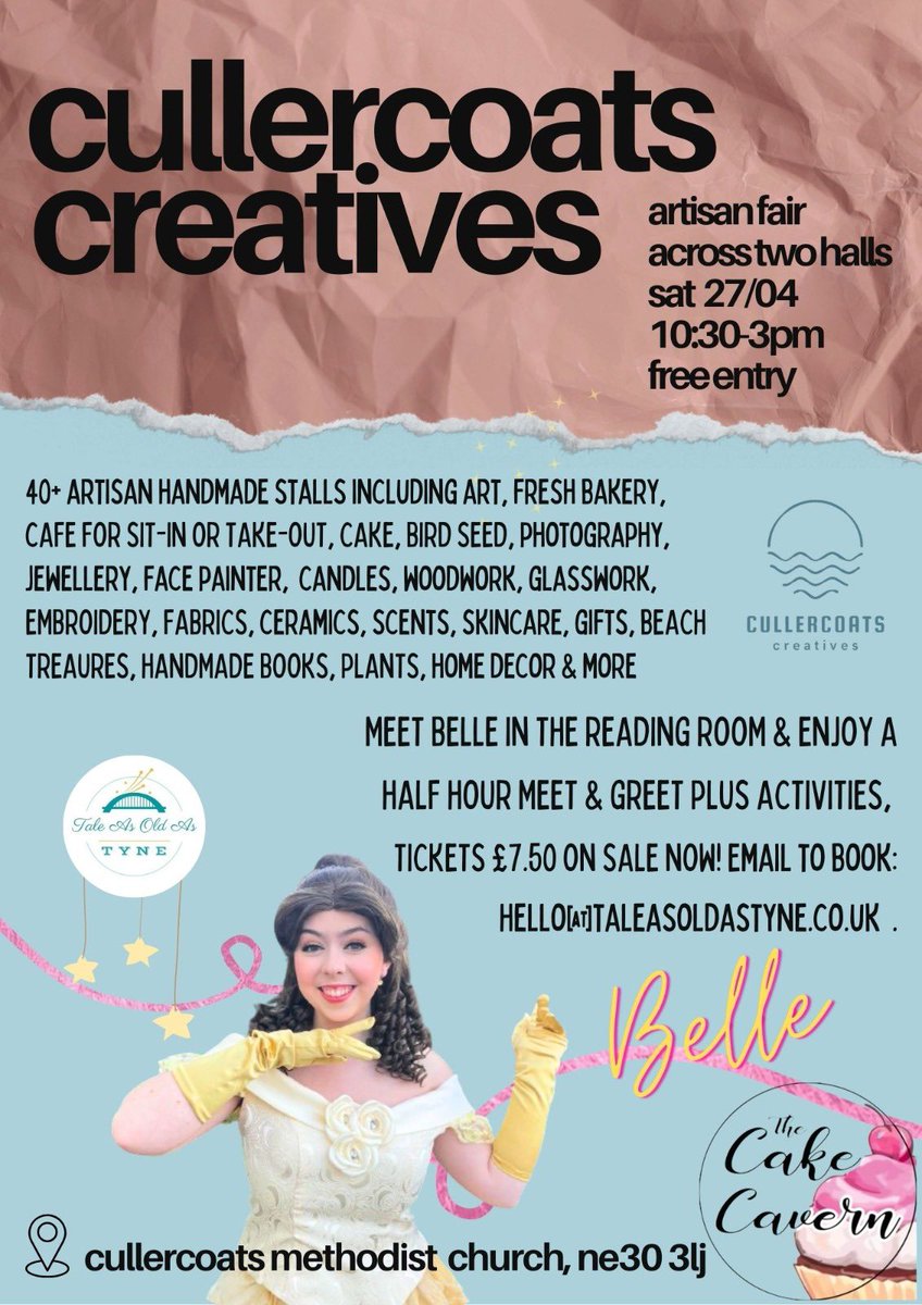 Princess Belle is visiting #Cullercoats on Sat 27th April at the Cullercoats Creatives monthly artisan handmade fair. 27th Apr, fair open 10:30am-3pm free entry, but Belle Meet & Greet needs booking via hello@taleasoldastyne.co.uk Supporting local creative biz North Tyneside 🙌