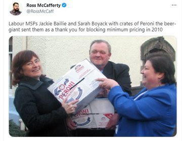 @BBCScotlandNews Here’s Labour’s Sarah Boyack and Jackie Baillie, accepting a reward from drinks giants for opposing minimum unit pricing. #bbcgms @Georgina__Hayes