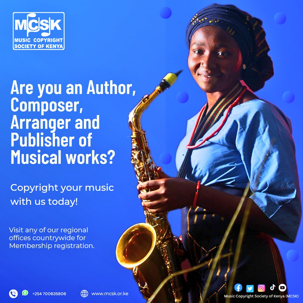 Registering your musical works with @TheMCSK provides essential copyright protection, serving as initial proof in legal disputes. Join our vibrant society of over 16,000 Members by visiting any of our regional offices countrywide. Membership requirements: mcsk.or.ke/membership-req…