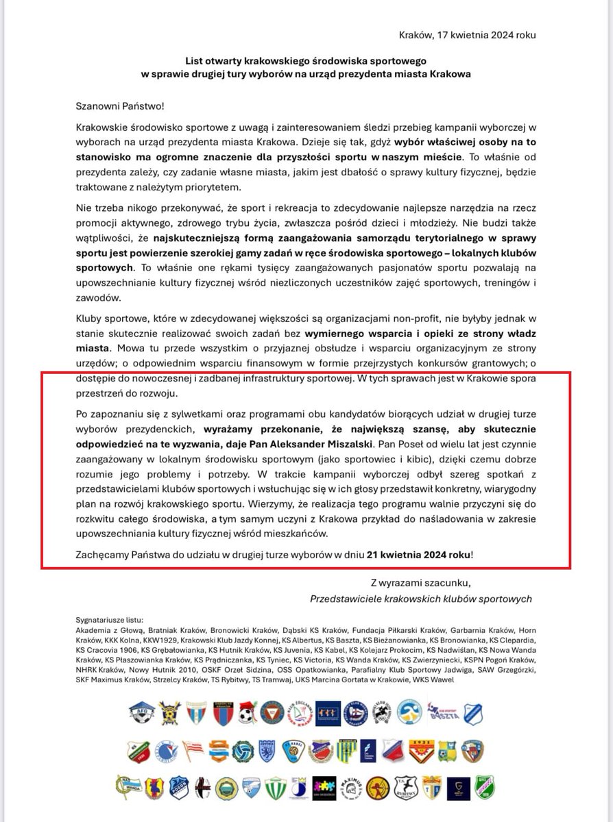 UWAGA! Dotarłem do 'listu otwartego środowiska sportowego w Krakowie w sprawie drugiej tury wyborów na prezydenta miasta Krakowa', w którym wzywa się do głosowania na Aleksandra Miszalskiego. Jest to skandal i mieszanie sportu z polityką. Kluby są wciągane do walki