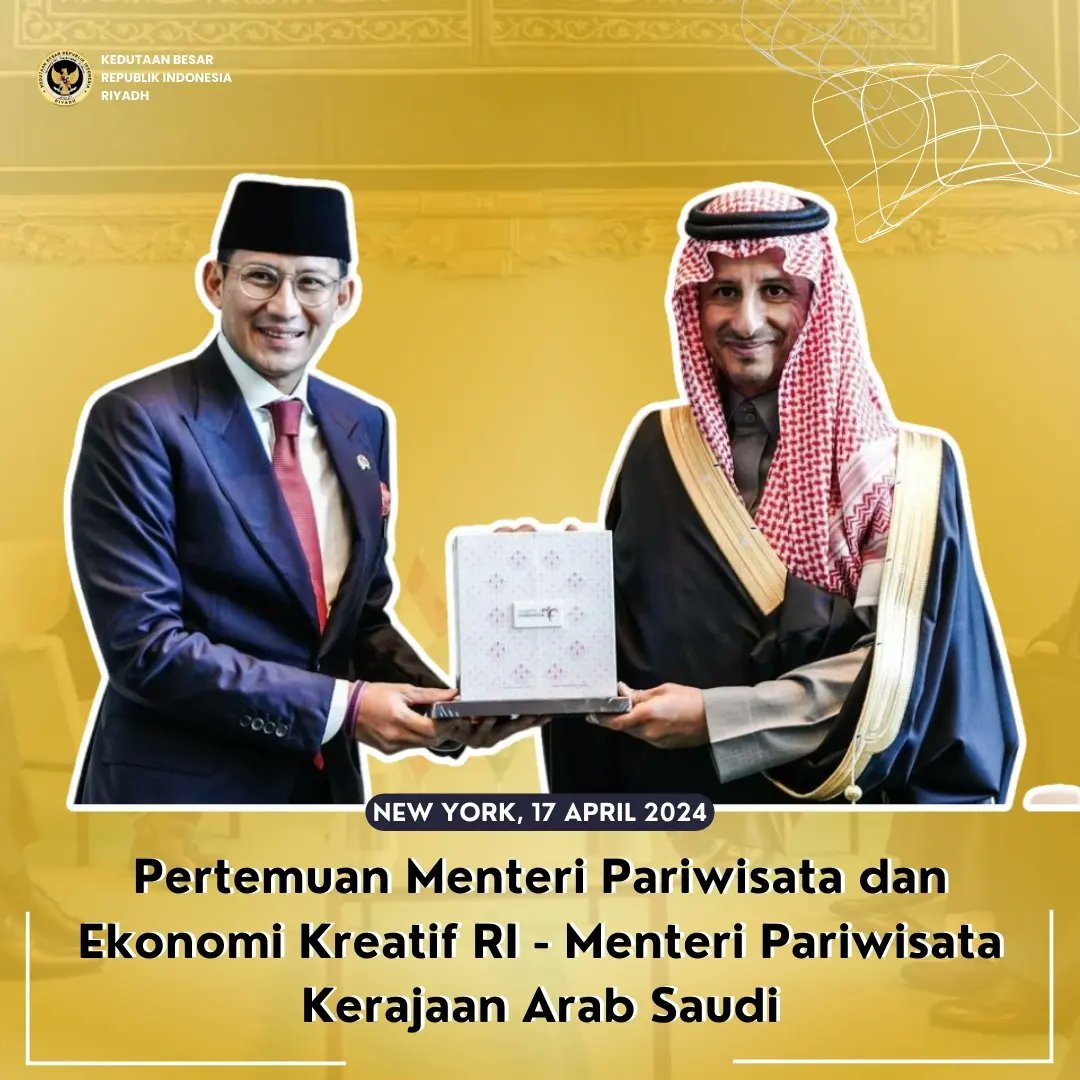 IndonesiaInRYD's tweet photo. From @sandiuno : Dari Markas Besar PBB, Kota New York saya bertemu langsung dengan Menteri Pariwisata Arab Saudi, H.E. Ahmed Al-Khateeb. Kami banyak membahas mengenai penguatan kerjasama dan kolaborasi untuk meningkatkan kunjungan Warga Negara Saudi ke Indonesia. https://t.co/w2In1Jmkph