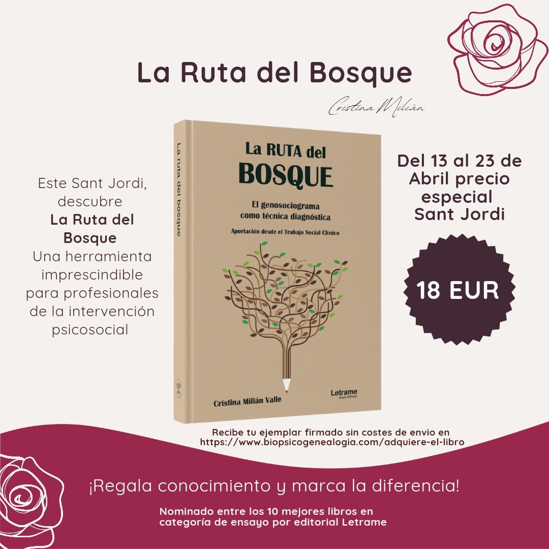 Promoción por la celebración de la #DiadadeSantJordi
Muchas gracias por la acogida de la Ruta del Bosque, que en apenas 6 meses de vida ya va por la 2a. Edición.

#psicosocial #genosociograma #sistemica #trabajosocial
#trabajosocialclinico
#terapeutica