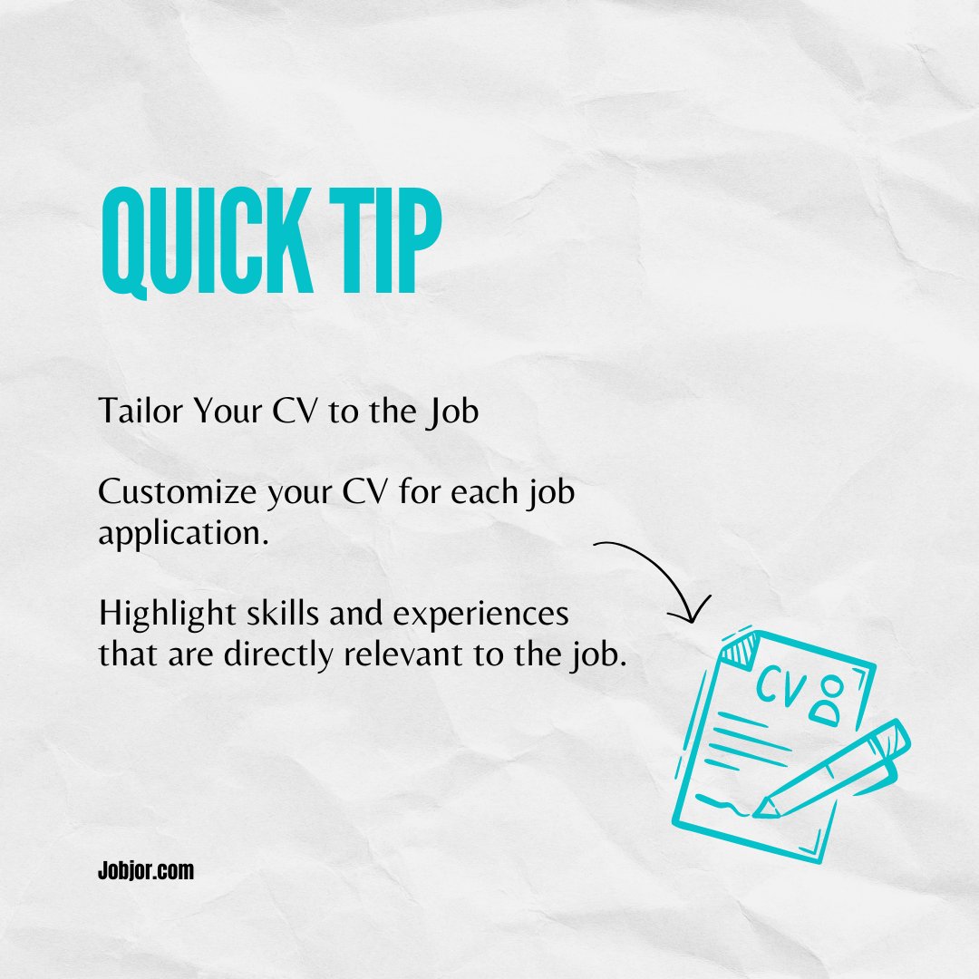 Craft your way to career success!

Customize your CV for each job application to showcase the skills and experiences that align with the role.

Make your application stand out and step into your future with confidence!

#Jobjor #JobHunt #CareerAdvice #cvtips #cvtipsandtricks