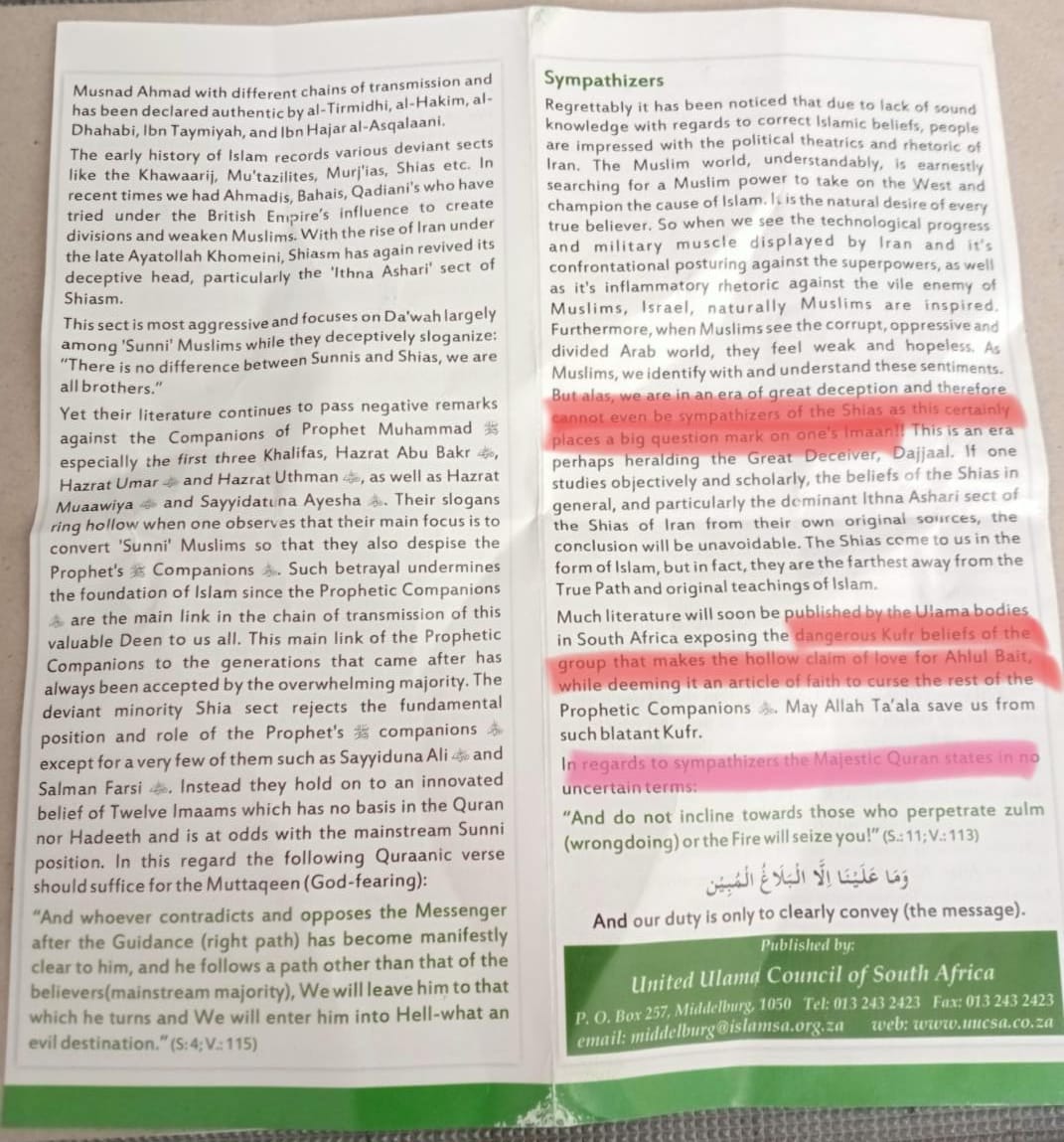 MrIAS3's tweet photo. *Very pertinent pamphlet published by UUCSA on Shia Sympathisers*
_See highlighted areas_
#shia #shiasm #shism
@Jamiatsa @uucsa @JamiatKZN @sunniulamakzn @MuslimJudicial @MJCSA_Official https://t.co/RLlGEi3KJL