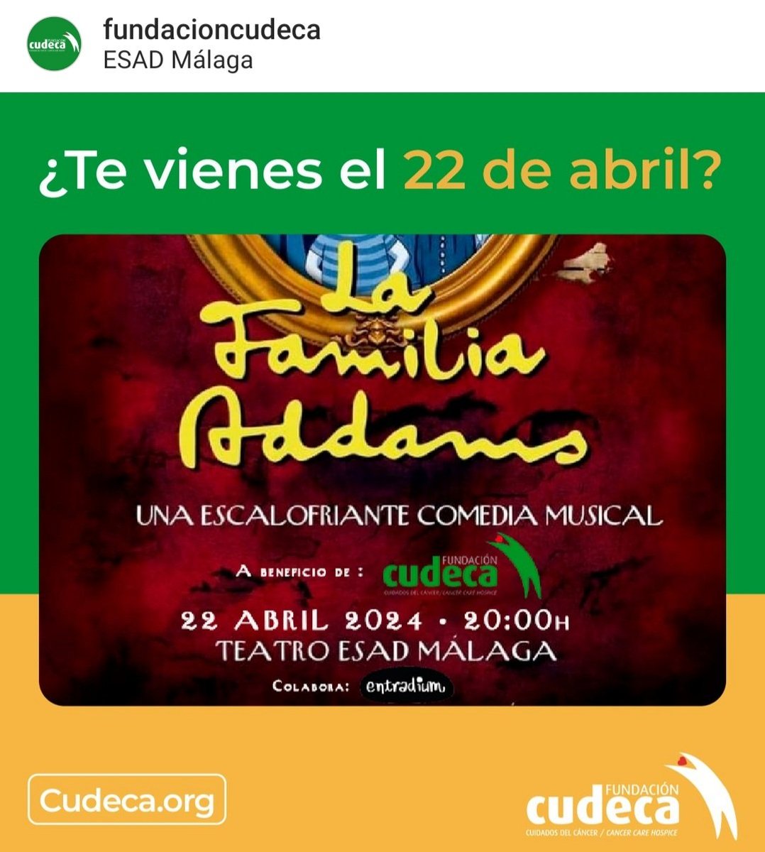 Francis_JSM's tweet photo. Lunes 22 de abril: función benéfica del musical "La Familia Adams" a favor de la @cudeca
¡Os esperamos!
Entradas disponibles: https://t.co/LuYtQAeuON
#RetoSolidarioESADMálaga #Cudeca #Málaga @ruthparticipa @IgualdadAND @FranObes https://t.co/snn0yztYFB