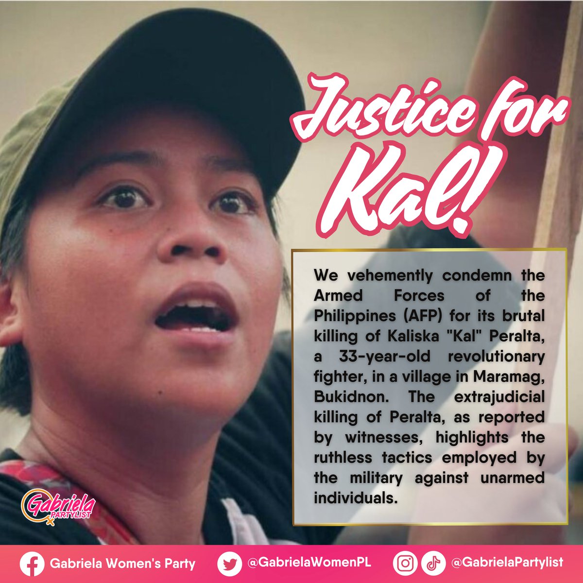 Contrary to the statement of the National Task Force to End Local Communist Armed Conflict, Kal Peralta is not a terrorist but a woman who chose a revolutionary path due to the harsh realities and social injustices she had witnessed in our society. #JusticeforKal