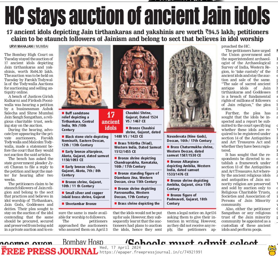 #Mumbai: Bombay HC Stays Auction Of 17 Ancient Jain Idols Worth Rs 94.50 Lakh Read story by Urvi Mahajani (@UrviJM) on The Free Press Journal: freepressjournal.in/mumbai/bombay-… #MumbaiNews