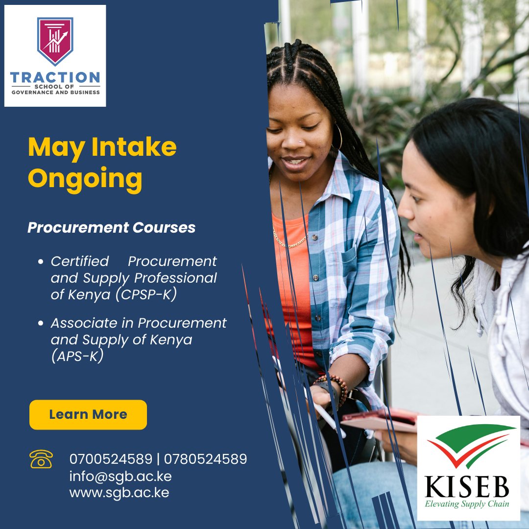 Gain the expertise to navigate supply chains with confidence.  Enrol today for professional procurement courses.
Don't miss out on this chance to invest in your future success!
Register here: sgb.ac.ke/cpsp-k/ and sgb.ac.ke/aps-k/
Contact us: 0780524589 
#mayintake