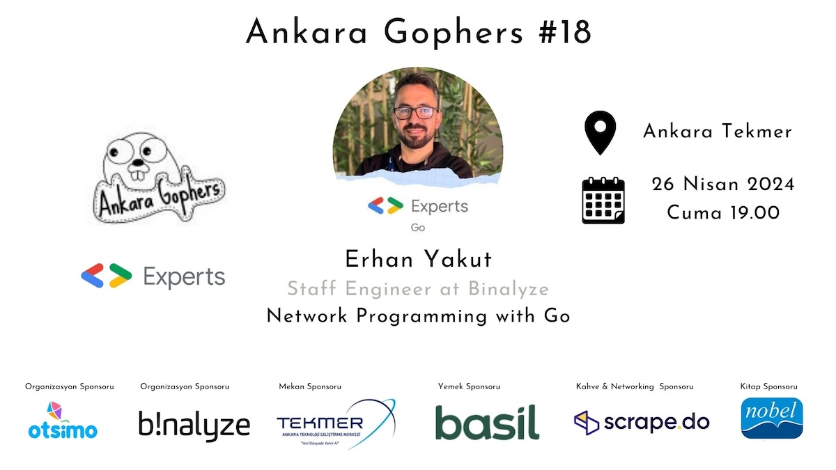 📢 @AnkaraGophers #18 Bu ay @AnkaraTekmer'de Go ile Network Programlama konusunu ele alacağız ve hatta kendi iletişim protokolümüzü yazacağız 😉 @GoogleDevExpert 📅Tarih: 26 Nisan 2024 saat 19.00 ✍️Başvuru: kommunity.com/ankara-gophers…