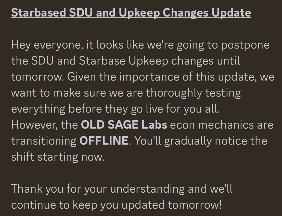 🇬🇧Mining-crafting and scanning has been terminated in Sage Labs. The economic load is now entirely on Starbased. You can still import your ships from Labs into Starbased. Upkeep and SDU updates in Starbased have been postponed until tomorrow. We are looking forward to new