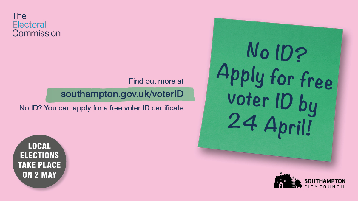 ❗ Local elections are taking place on Thursday 2 May. ❎ To vote at a polling station, you will need photo ID. ✉ If you would prefer to vote by post you must apply for a postal vote by 5pm today. Find out more and apply at: soton.cc/VoterID