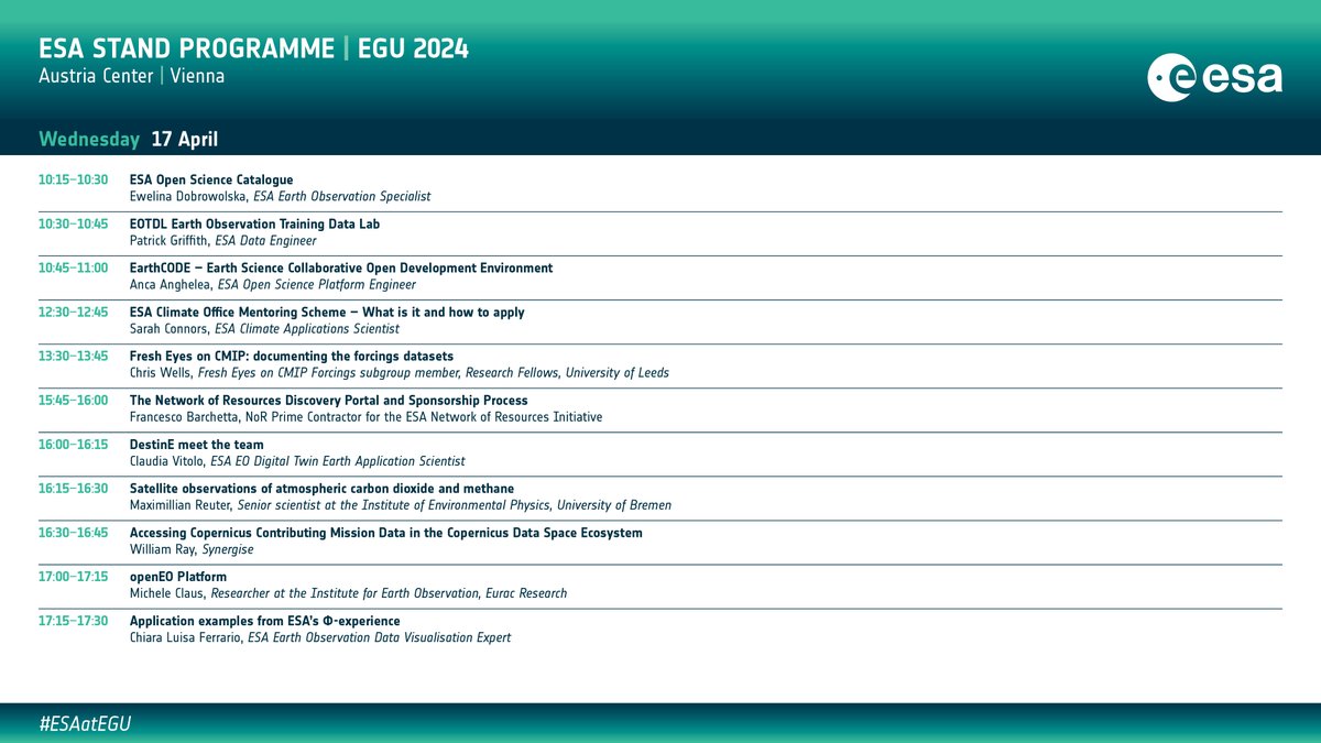 Day 3 of #EGU24 is starting: today we will be sharing more info on the new @esaclimate mentoring scheme, how to access Copernicus Contributing Missions data and EarthCODE (Earth Science Collaborative Open Development Environment) and much more! Pick your #EO poison from the