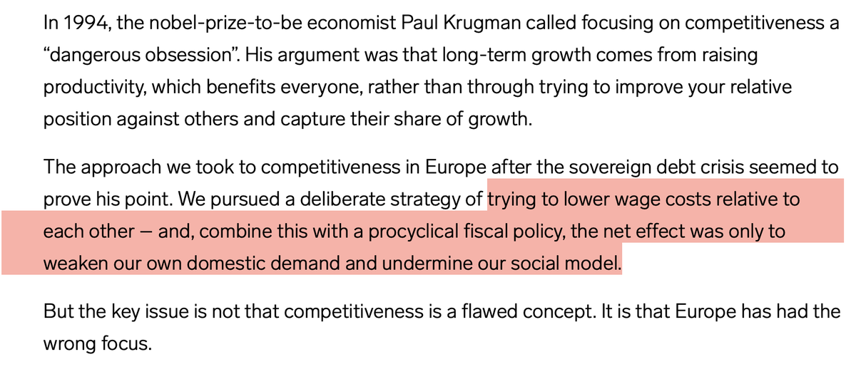 That's a good start: Mario Draghi, who will publish a much awaited 'competitiveness report', says that the €zone crisis 'competitiveness strategy' (austerity and downward wage pressure) was bad as it reduced domestic demand, deepened the crisis and undermined the social model.
