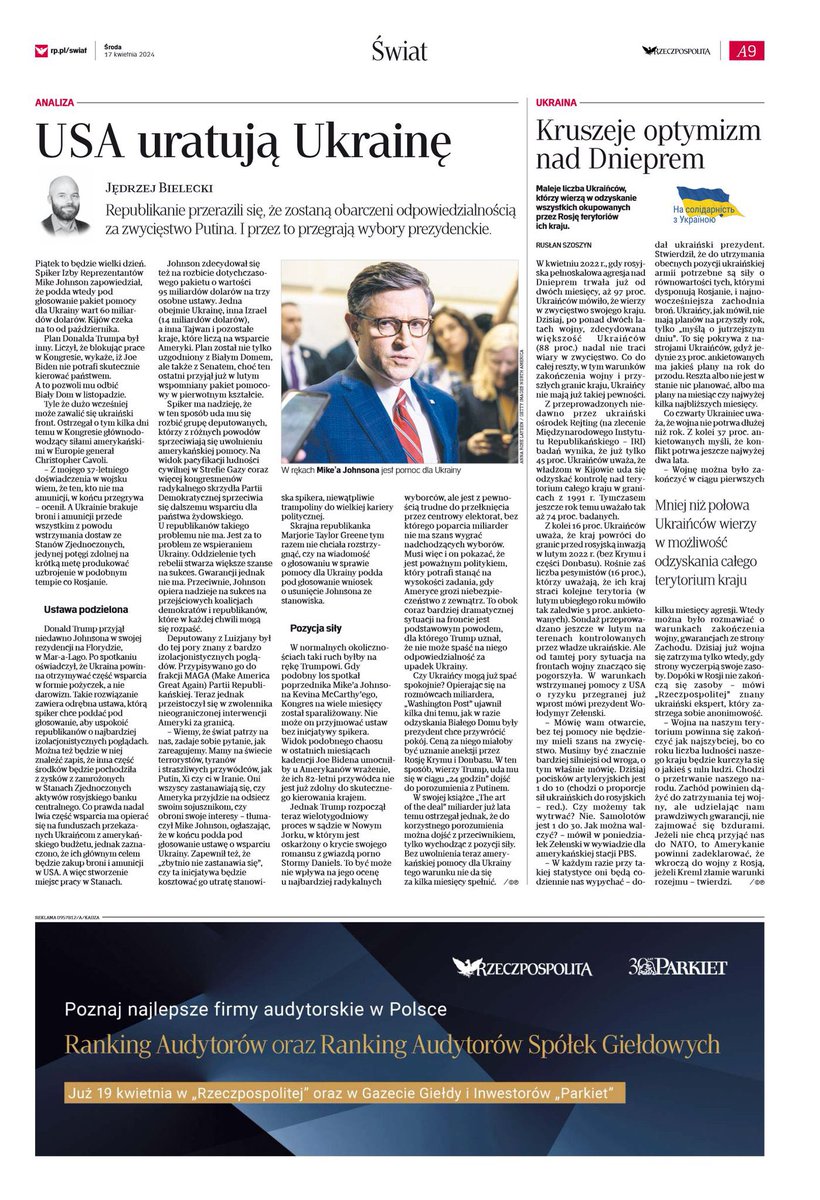 Dzisiejsza 1 'Rzeczpospolitej' ukradziona od @LeskiPiotr.

A tam wypowiedź Żelenskiego, który potwierdza, że Rosja ma przewagę 10:1 w artylerii i 30:1 w samolotach.
'Przy takiej statystyce oni będą nas wypychać' - prognozuje Żelenski.

No, ale jak to?
Przecież Sikorski mówił o