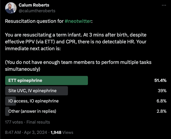 As a reminder, I posted this poll recently based on a clinical scenario. ET epinephrine was the most popular next action, chosen by just over half of respondents. Note that tasks cannot be performed simultaneously

x.com/calumtherobert…
