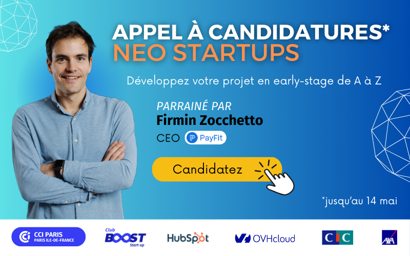 [APPEL A CANDIDATURES] 📣 Programme NEO STARTUPS 🚀 Ne ratez pas cette opportunité de faire décoller votre projet ! Merci à Firmin Zocchetto, CEO de Payfit, qui à rejoint notre communauté en tant que parrain ! Candidatez 👉 cciparisidf.fr/n9nne2j #Startup #Innovation