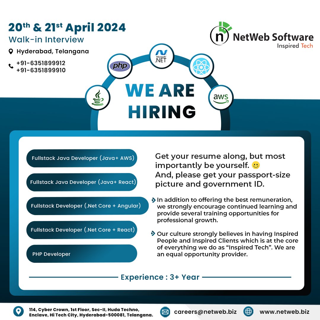 Join us for #WalkInInterview drive on the 20th & 21st of April in #Hyderabad! Come & explore exciting career opportunities with #NetWeb. Discover diverse roles, & competitive perks, & experience a vibrant work culture. Don't forget to bring your resume & enthusiasm.
#InspiredTech