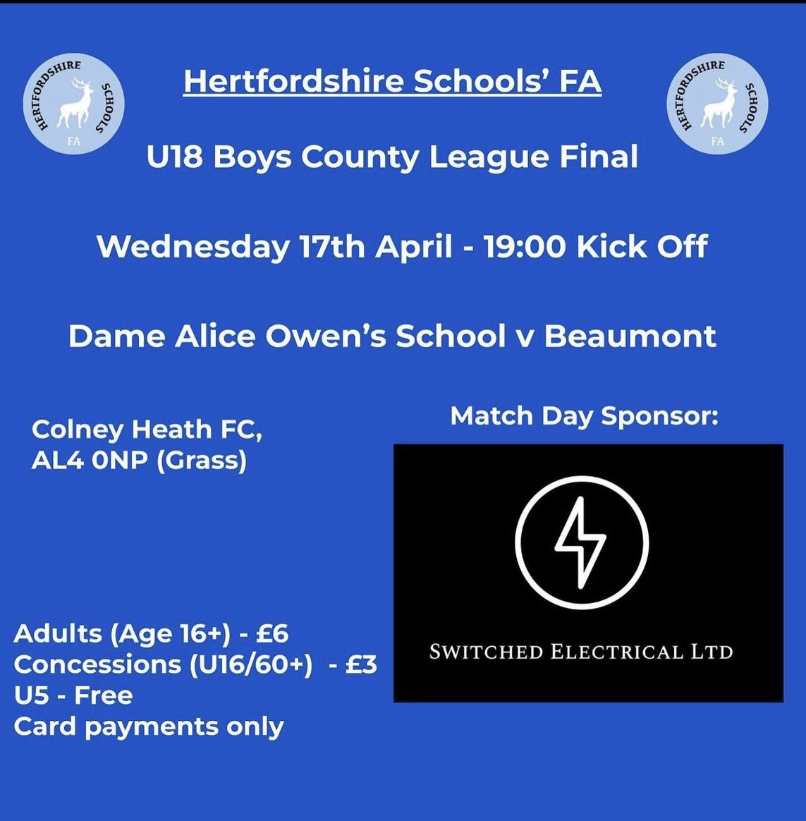 ⚽️Good luck to our U18 Boys in their County Final at Colney Heath this evening. All support welcome!
Details below 👇