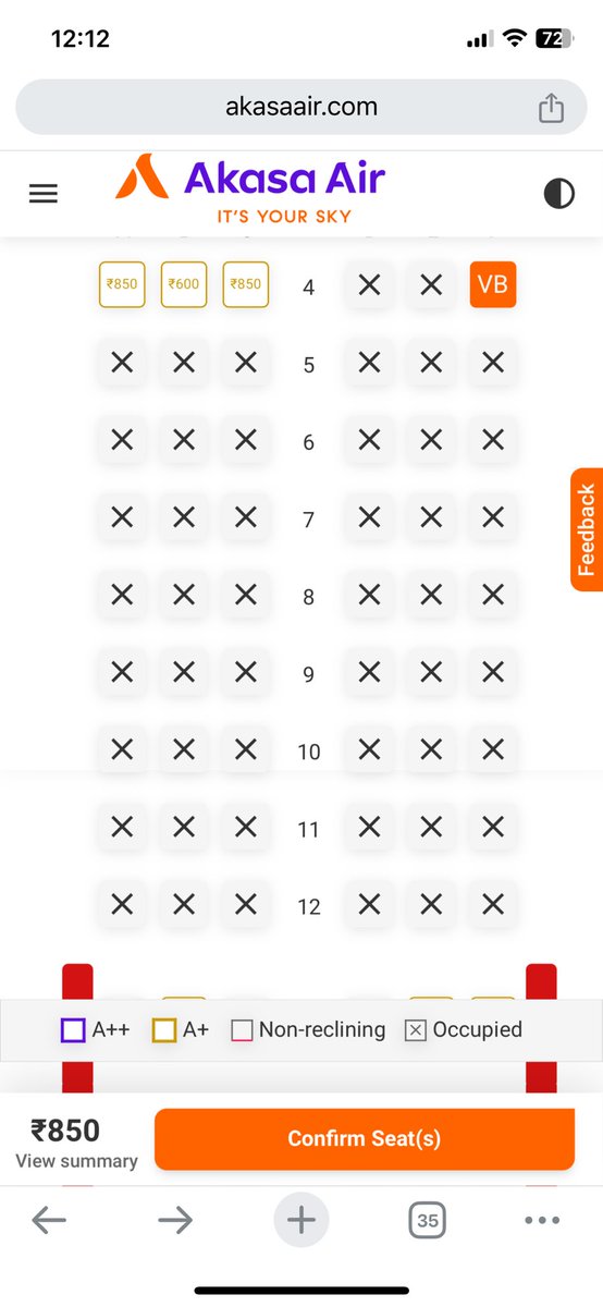 VishalBhargava5's tweet photo. Not sure how I would label this strategy by @AkasaAir 
After booking the ticket, at the time of web-checkin, create an artificial shortage that free seats not available.
Ten mins back the paid seats were 1700. Then it becomes 850 as the flight take-off comes closer. https://t.co/WhME2dwB4K
