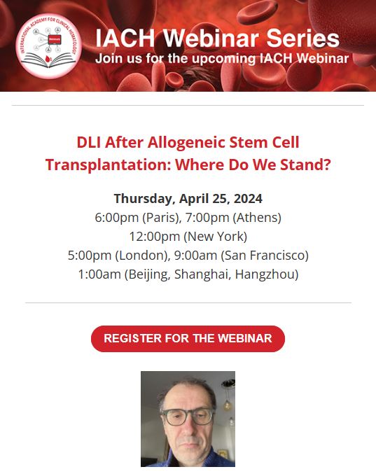 📢Join us for the upcoming @TheIACH webinar: DLI After Allogeneic Stem Cell Transplantation: Where Do We Stand? 🗓️April 25 2024 ⏲️6PM CET, 12PM NY Register for FREE 🔽🔽 bit.ly/3Um2uKv @Mohty_EBMT @ptsir98