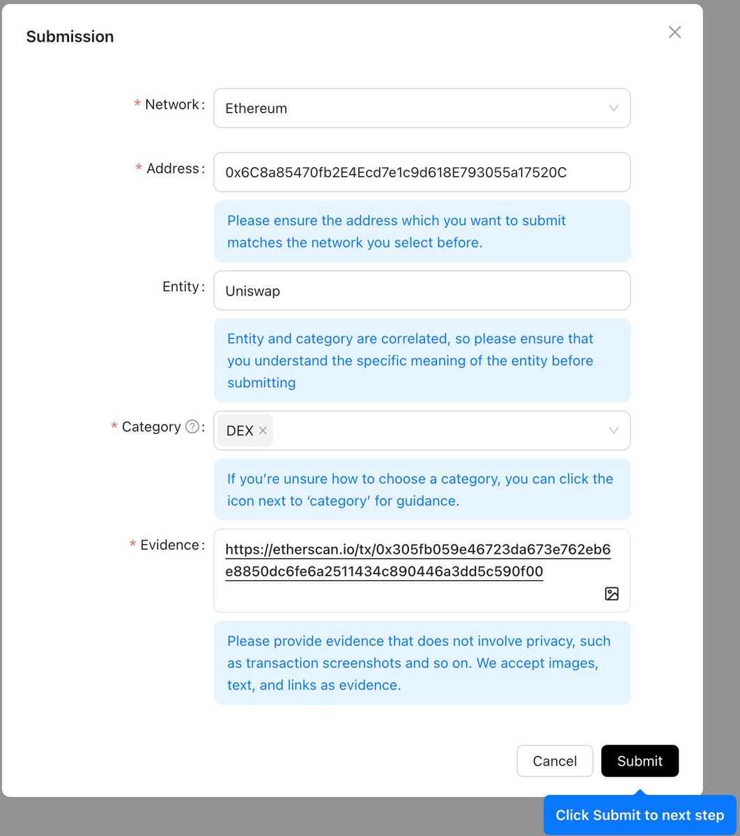 codatta_io's tweet photo. 🧵😼New here in b18a Protocol? ✨Check two ways of participation to accumulate your points and improve reputation.

1️⃣Submit Metadata: Provide metadata for blockchain addresses.  https://t.co/nBBTX0YUzy

Share details such as the blockchain network, address category, and entity, along with supporting evidence like screenshots or links.💡💼