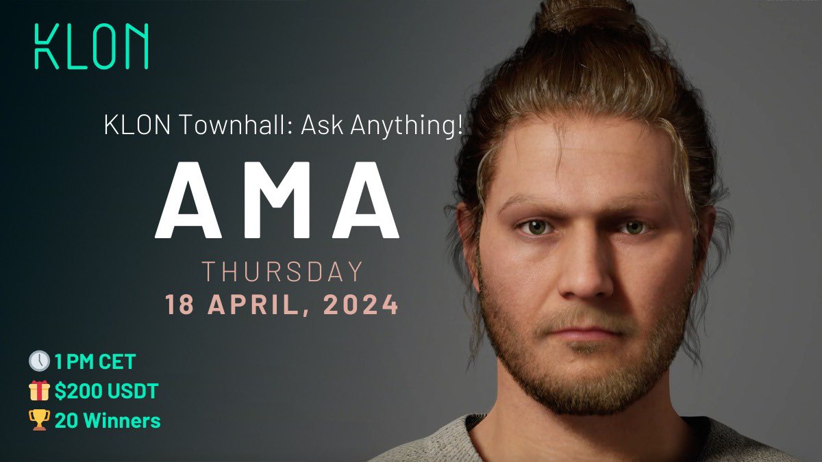 An exciting TG #TextAMA session with our CEO Philipp coming up soon!💥 Ask questions in the replies👇🏼& stand a chance to win from a prize pool of $200 USDT. Best Questions: 10 Winners AMA Quiz: 10 Winners 🗓️Thursday, 18 April | 1 PM CET Join: t.me/KLON_Community #AMA