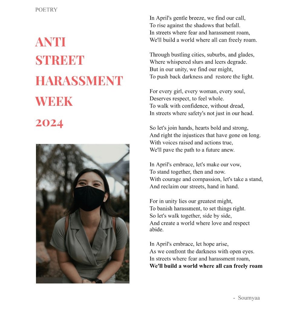 TheSafecityApp's tweet photo. Our Operations Manager, Soumyaa, penned a heartfelt poem for International Anti-Street Harassment Week.
Now it's your turn! Share your own verses &amp; tag us to join the conversation. Let's inspire change &amp; end street harassment together.
#AntiSHWeek24 #StopStreetHarassment https://t.co/ys61eu6TDF