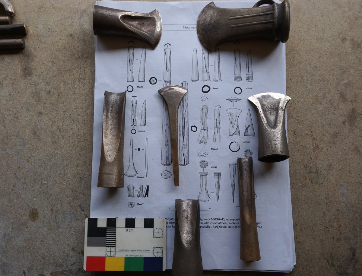neil_burridge's tweet photo. The last of the 14 wood working tools from the @MustFarm pages, now they need hafting and testing. understanding the edge hardening of the gauges took a while, but i mastered it with  #BronzeAge tools with stunning results, even with correct leaded alloys, feeling blessed 😊 https://t.co/VS7vjhnYeD
