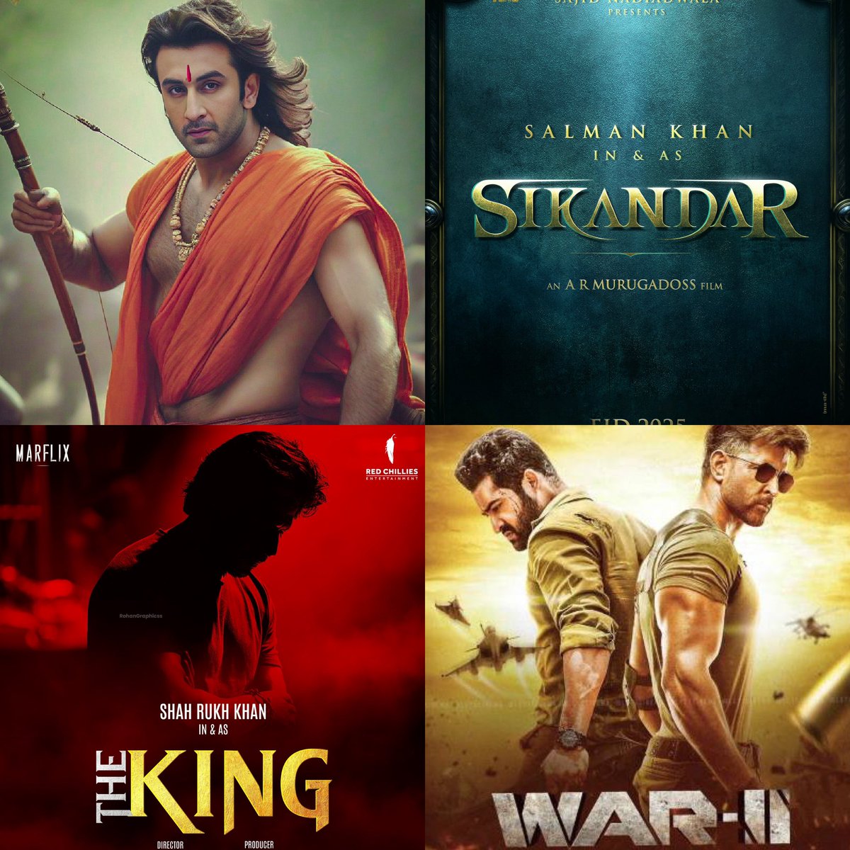 2025 ek bara saal hone wala hain movie lovers ke liye !
Toh calendar mein date sath karlo..
1) #Ramayana (Ranbir Kapoor)
2) #Sikandar (Salman Khan)
3) #TheKingTheBoss (Shahrukh Khan)
4) #War2 (Jr NTR vs Hrithik Roshan)