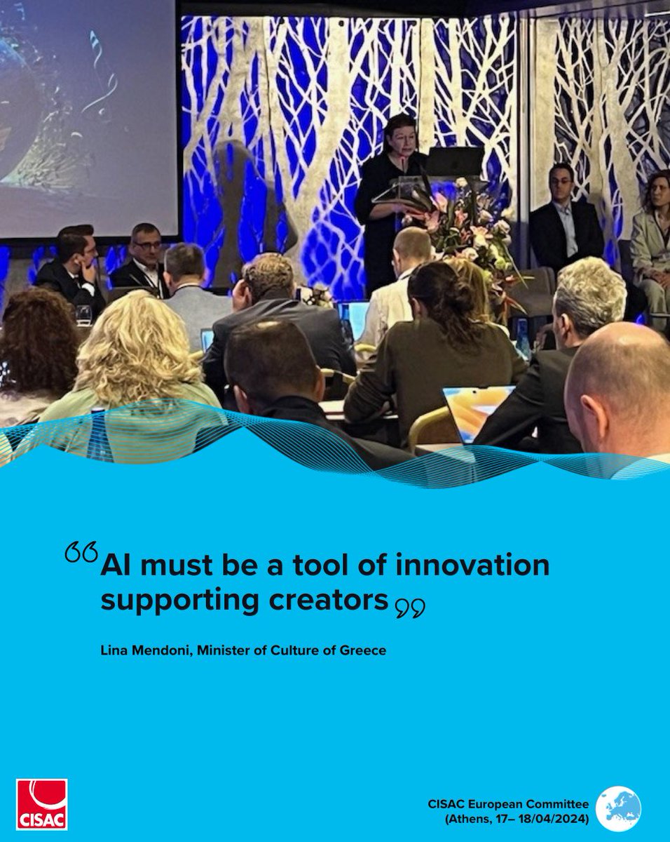 CISAC's two-day European Committee meeting, hosted by Autodia, starts in Athens today. Culture Minister Lina Mendoni set the tone with opening remarks on the opportunities and challenges from #AI. “AI must be a tool of innovation supporting creators”.