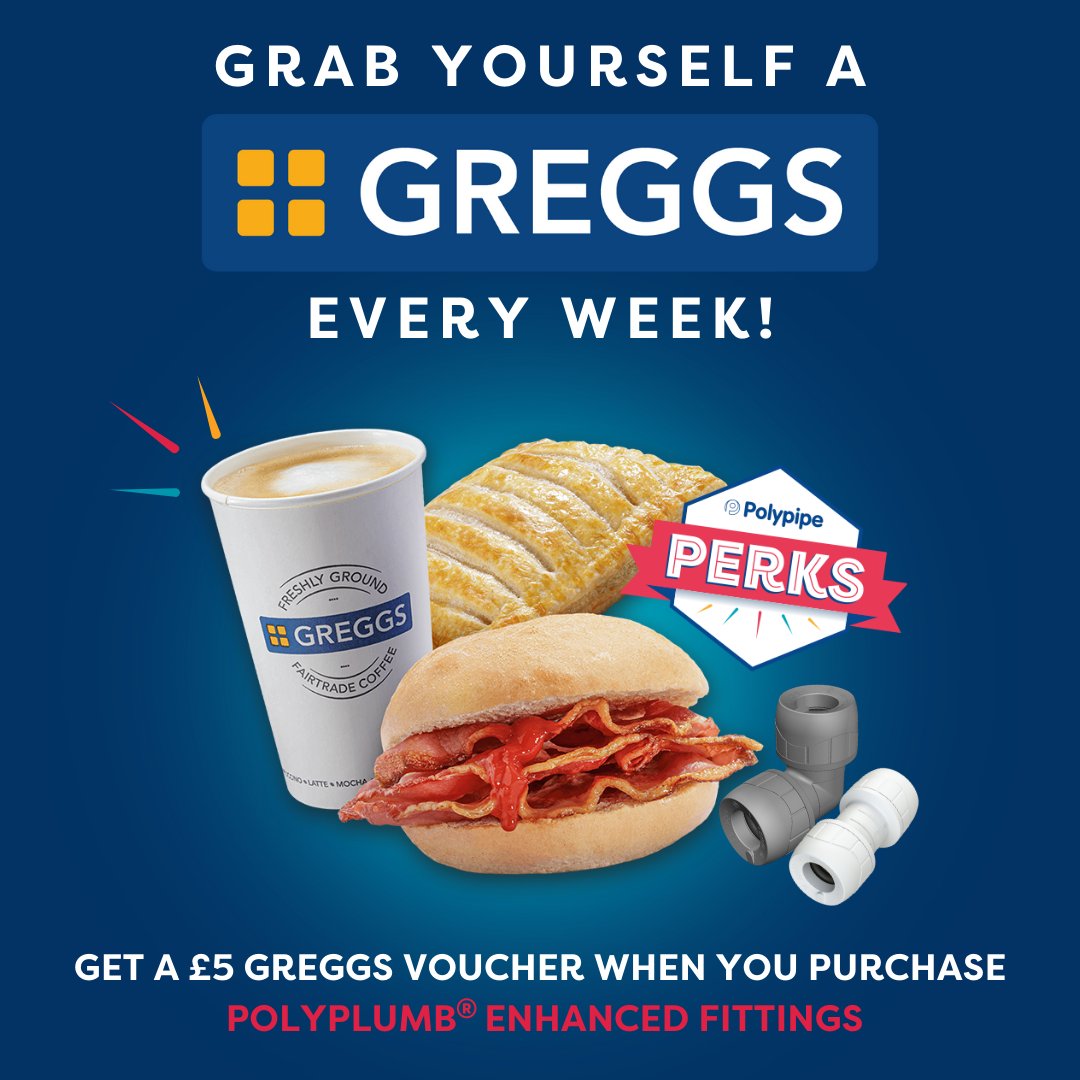 Remember! You can grab a £5 Greggs voucher via Polypipe Perks every single week that you buy a bag of PolyPlumb Enhanced Fittings from @PolypipeTrade! To get started visit polypipeperks.co.uk/Greggs *T’s and C’s Apply. AD #polypipe
