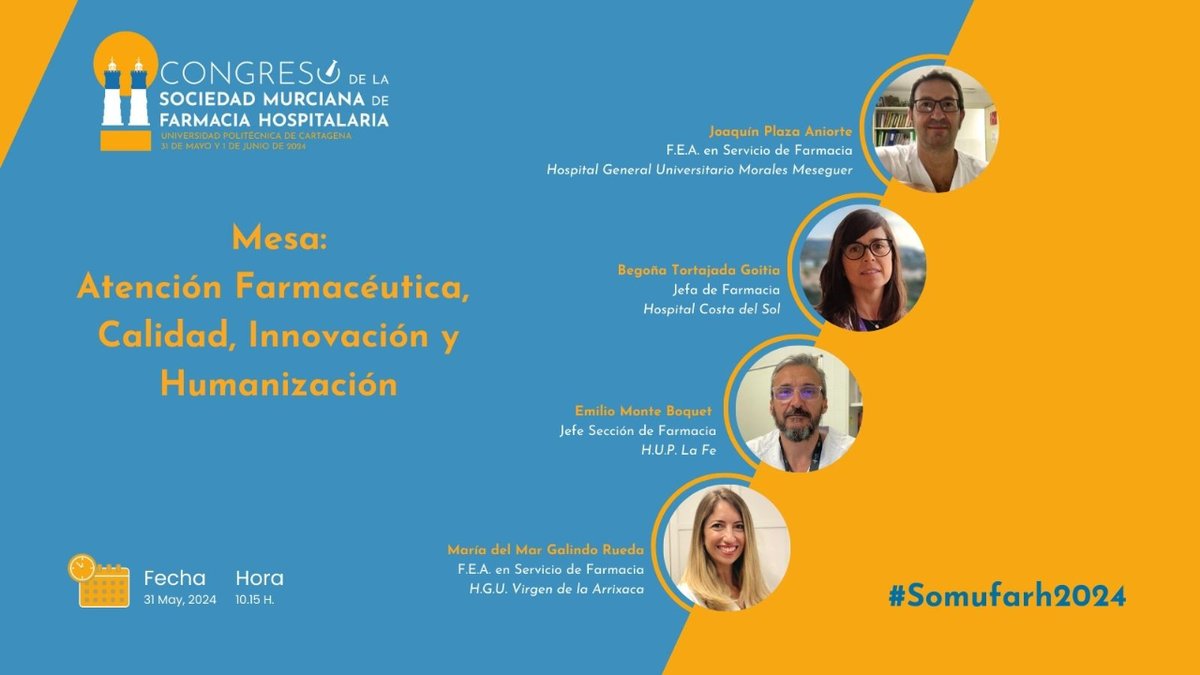 II Congreso #somufarh2024
📚Hacia una #FarmaciaHospitalaria personalizada
📅31 mayo
📍<a href="/UPCToficial/">Universidad Politécnica de Cartagena | UPCT</a> 

Mesa: Atención Farmacéutica, Calidad, Innovación y Humanización
⏰10:15
➡️<a href="/jplazaaniorte/">Joaquín Plaza Aniorte</a>
➡️<a href="/emiliomonteb/">Emilio Monte</a>
➡️<a href="/TortajadaBego/">Bego Tortajada</a> 
➡️<a href="/mmar_galindo/">Mar Galindo Rueda</a> 

Inscripciones: congreso2.somufarh.es/inscripcion/