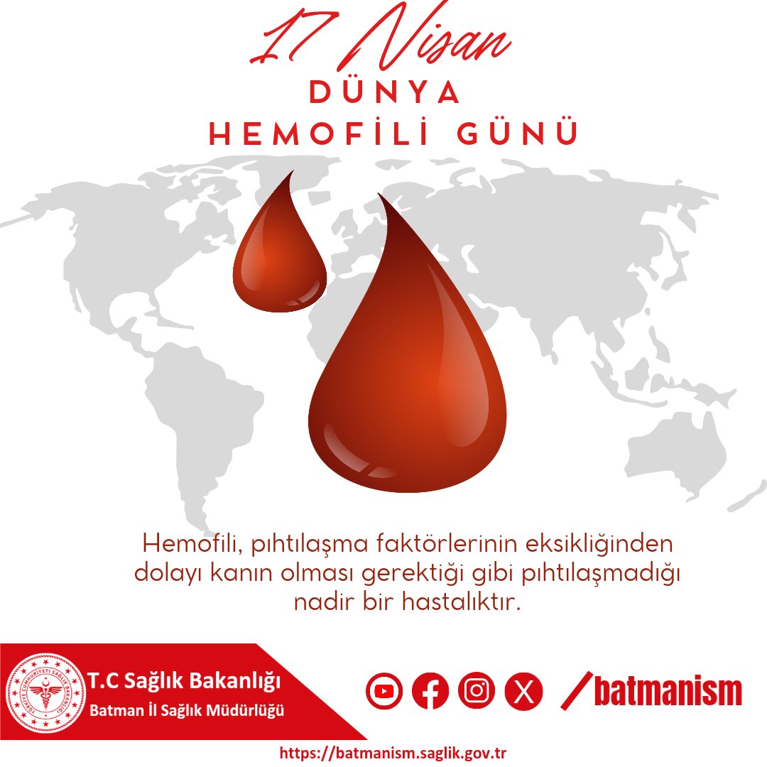 17 Nisan Dünya Hemofili Günü Hemofili, pıhtılaşma faktörlerinin eksikliğinden dolayı kanın olması gerektiği gibi pıhtılaşmadığı nadir bir hastalıktır. #hemofiligünü @uz_canpolat
