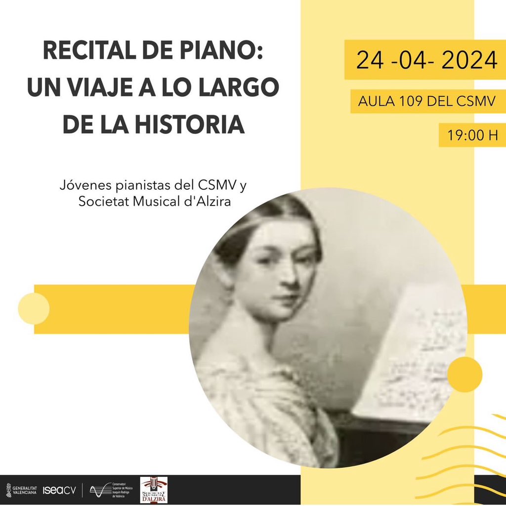 No os perdáis el recital de piano de los jóvenes talentos del CSMV y la Societat Musical d'Alzira el próximo 24 de abril a las 19:00 en el Conservatorio 'Joaquín Rodrigo'! ¡Una noche llena de música y emociones! @ISEACV 🎶