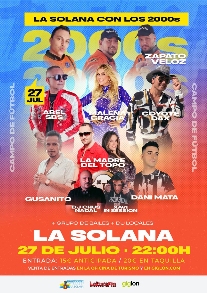 Más de 5 horas de música. <a href="/ayto_lasolana/">Ayuntamiento de La Solana</a> <a href="/malenagracia/">Malena Gracia</a> <a href="/Antonio84132632/">Antonio zapatoveloz</a> <a href="/CoyoteDaxFC/">Coyote Dax FanClub</a> <a href="/totou2000/">Lamadredeltopo</a> <a href="/gusanito/">© Gusanito.com</a> <a href="/chusnadaldj/">Chus Nadal DJ</a> <a href="/LocurafmRadio/">RadioLocurafm</a> 

giglon.com/evento/lasolan…