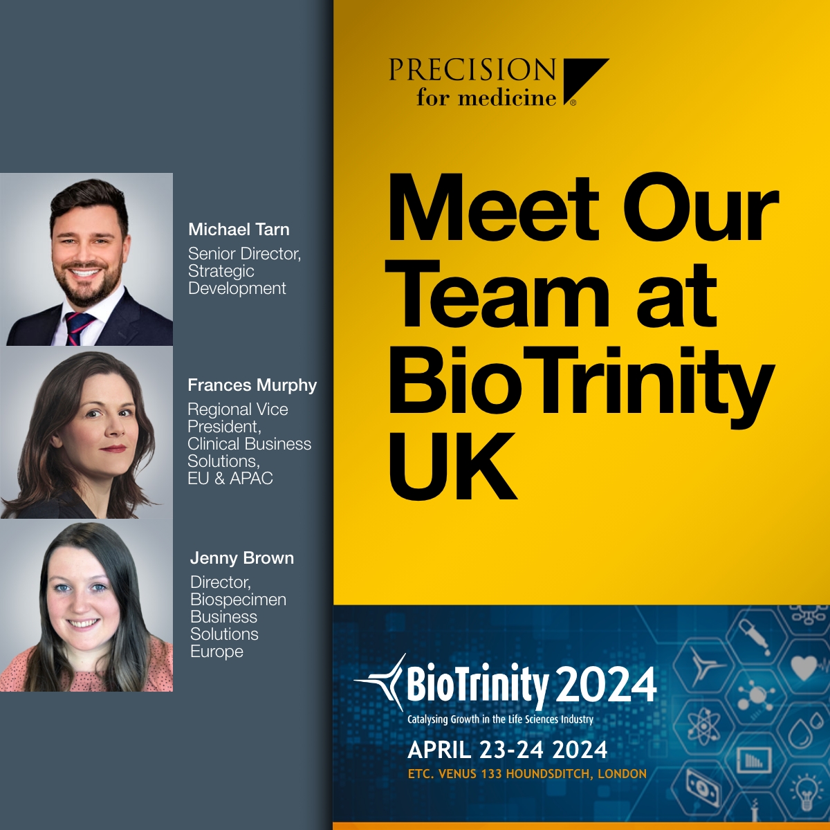 Precision4Med's tweet image. Don&apos;t miss Precision&apos;s Frances Murphy at #BioTrinity next week as she hosts the Rare Diseases R&amp;amp;D Spotlight Track 1 Session on Tuesday, April 23 from 1:00PM - 2:20PM. 

Our Precision team will also be attending! Reach out to set up time to meet.