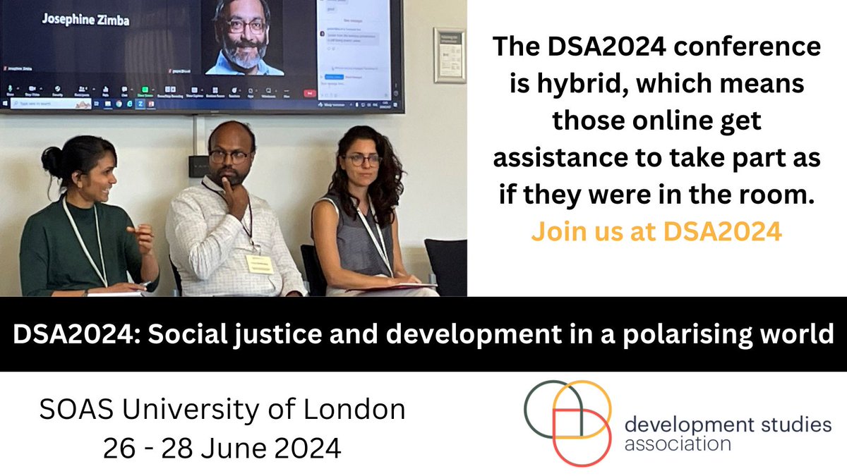 #DSA2024 : Social justice and development in a polarising world 🐦 Early Bird registration is now open! 📅 Join us on 26–28 June 2024 📌 Hybrid: Online and at @SOAS University of London For more info and to register, visit our website ⤵️ buff.ly/4amHJoE