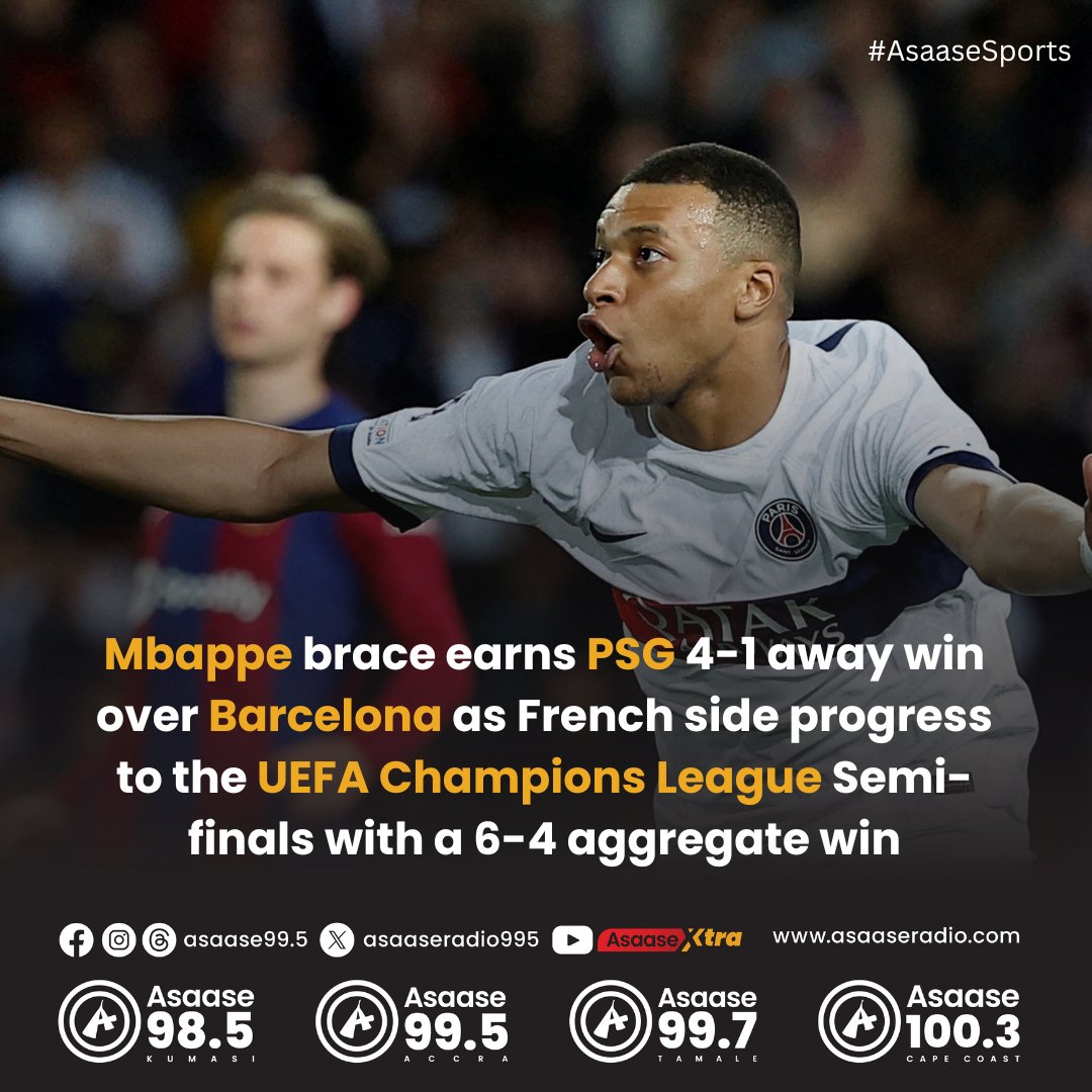 Mbappe brace earns PSG 4-1 away win over Barcelona as French side progress to the UEFA Champions League Semi-finals with a 6-4 aggregate win

#AsaaseSports | #UEFAChampionsLeague | #AsaaseRadio