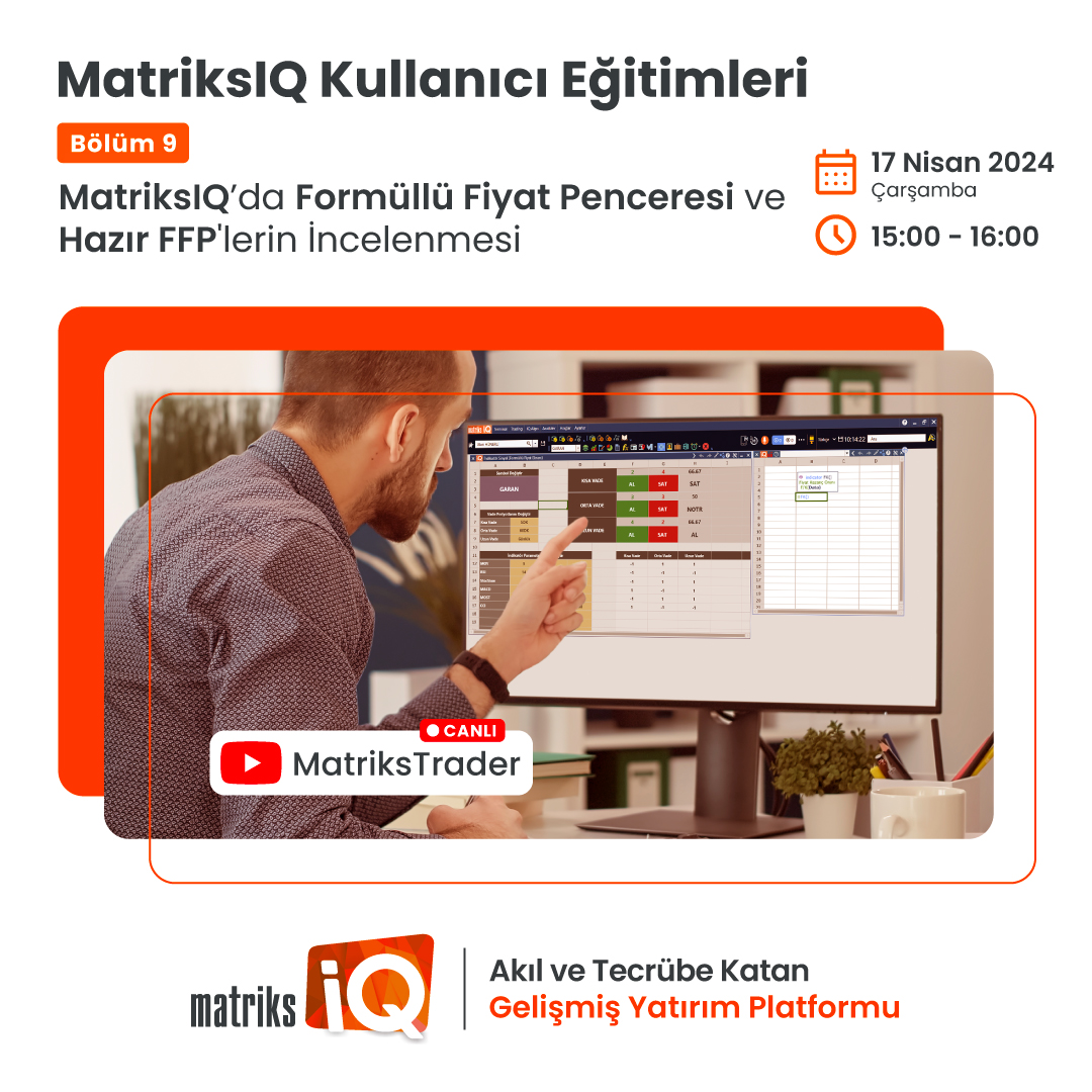 MatriksIQ Kullanıcı Eğitimleri’nin bu haftaki konusu bir önceki eğitimin konusu olan Formüllü Fiyat Penceresi üzerinden devam ediyor!🚀 Bu hafta hazır olan FFP'lere nereden ulaşabileceği, bunların neler olduğu ve nasıl oluşturuldukları gibi detayları YouTube kanalımızda canlı…