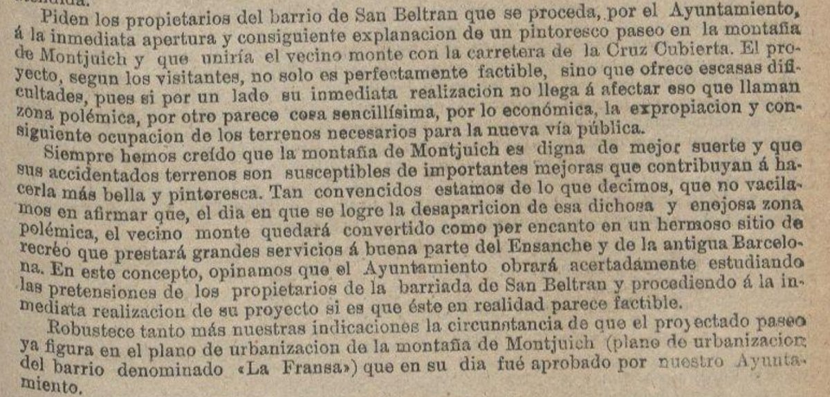 Fa #123anys els propietaris de l'Eixample de Santa Madrona a #PobleSec demanaven a l'ajuntament l'obertura d'una avinguda que unís la muntanya de #Montjuic amb Creu Coberta. Font: El Diluvio (12/01/1901)