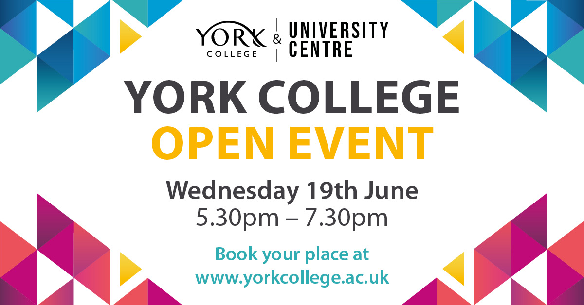 Our final Open Event of the academic year is on Wednesday 19th June! Come along to chat with our tutors and to explore our facilities 😁 You can book your place here ⬇️ yorkcollege.ac.uk/events-and-new…