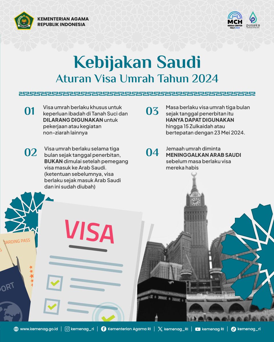 Salam #SahabatReligi Ini ada kebijakan terbaru terkait visa umrah dari Pemerintah Kerajaan Saudi. Silakan disimak ya: