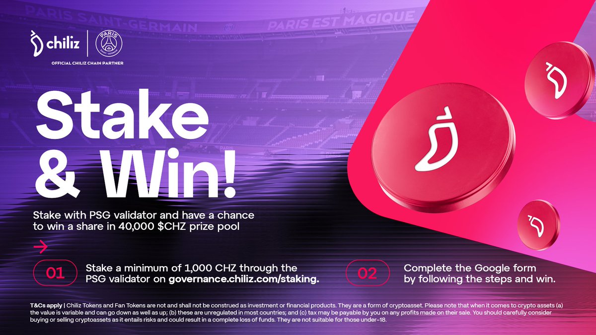 Have you already staked a minimum of 1,000 $CHZ with @PSG_English to have a chance of sharing a 40,000 $CHZ prize pool? 🌶️ Complete the form by following the steps and win 👉 forms.gle/U95vPJEHnbXpYk… #StakeWithPSG ⚡ $CHZ