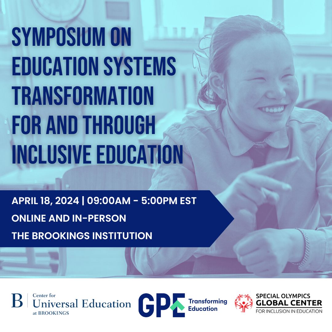 📢 Happening tomorrow!

Join GPE for a symposium with @BrookingsGlobal and @SpecialOlympics to discuss how education systems could become truly inclusive for learners with disabilities.

Register and submit your questions: g.pe/QlXz50RgH6S

#Transform4Inclusion