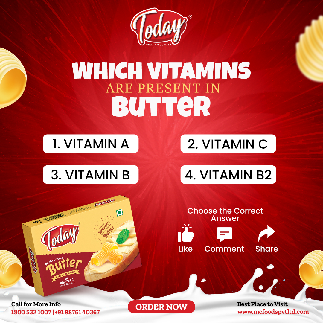 Let's test your dairy knowledge! 🧠🥛 Can you guess which vitamins are present in butter? Comment below with your answer!

#TodayMilkQuiz #Todaymilk #TodayMilkIndia #DairyTrivia #DairyQuiz #ButterVitamins #DairyKnowledge #TriviaTime #GuessTheAnswer