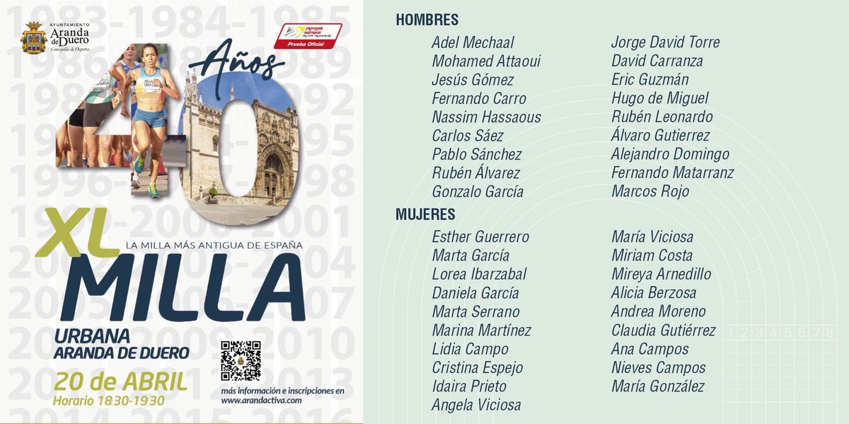 La milla de Aranda contará con una participación extraordinaria. 🗓️ 20 abril, 19:20h. 👉 7️⃣ Campeones de España absolutos de la actualidad y 🔟 de siempre. 👉 Plusmarquistas nacionales. 👉 Medallistas Europeos: Abs, U23 y U20. “Es la milla más antigua de España” 👏