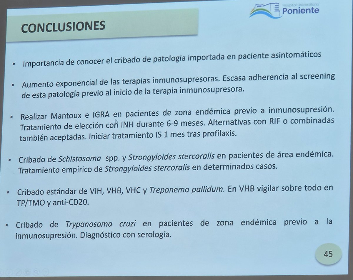 📣📣 Comenzamos la mañana con una SESION HOSPITALARIA.  Actualizando el cribado de infecciones importadas 🦠antes de inmunosuprimir 💉 a cargo del Dr Moya Ruiz (nuestro flamante R5 👏👏) en colaboración con nuestra unidad de medicina tropical
<a href="/UMTPoniente/">Medicina Tropical Hospital de Poniente</a>
<a href="/alejandromr22/">Alejandro MR</a>