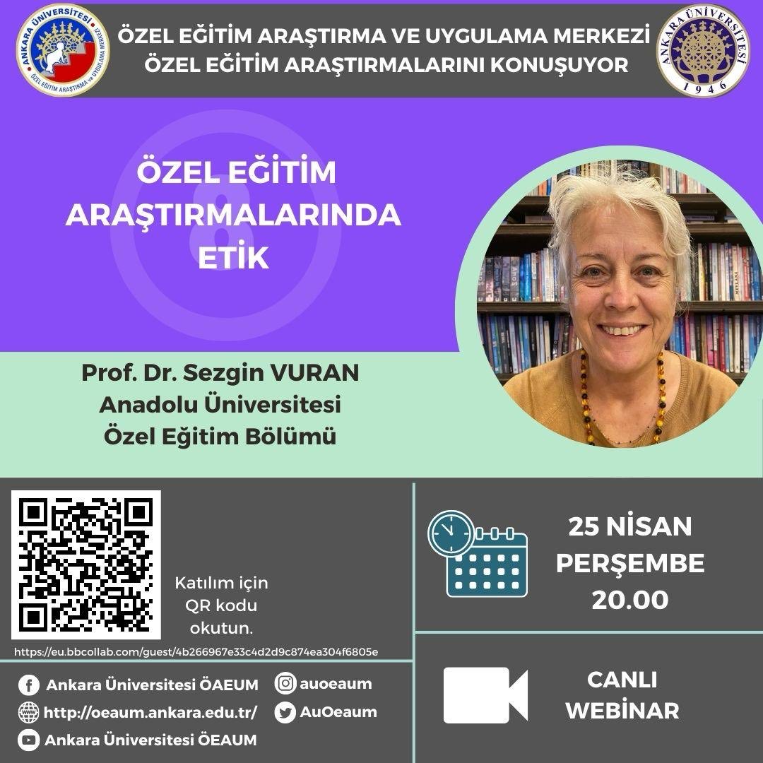 AÜ-ÖEAUM Özel Eğitim Araştırmalarını Konuşuyor 8: Özel Eğitim Araştırmalarında Etik. Bu kapsamda düzenlediğimiz webinarlarımızdan sekizinci ile 25 Nisan’da sizlerleyiz. Katılım linki: eu.bbcollab.com/guest/4b266967…