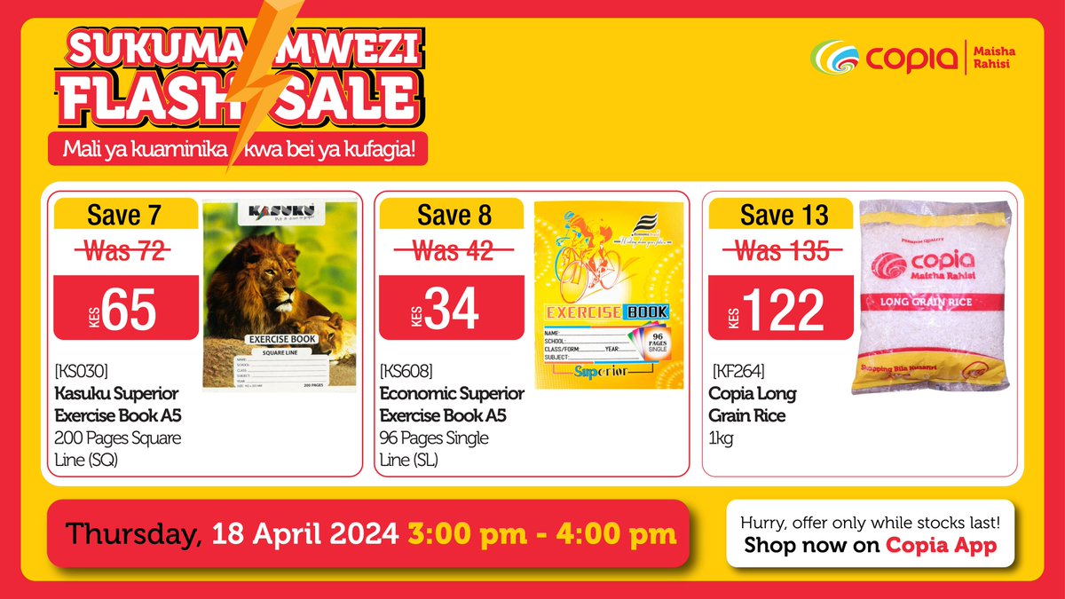 Kaa rada! ⚡#CopiaFlashSale iko njiani with mega savings for the school holidays!! Go to bit.ly/3HVWgea #CopiaApp #PlugWaNguvu #ShoppingBilaKusafiri
