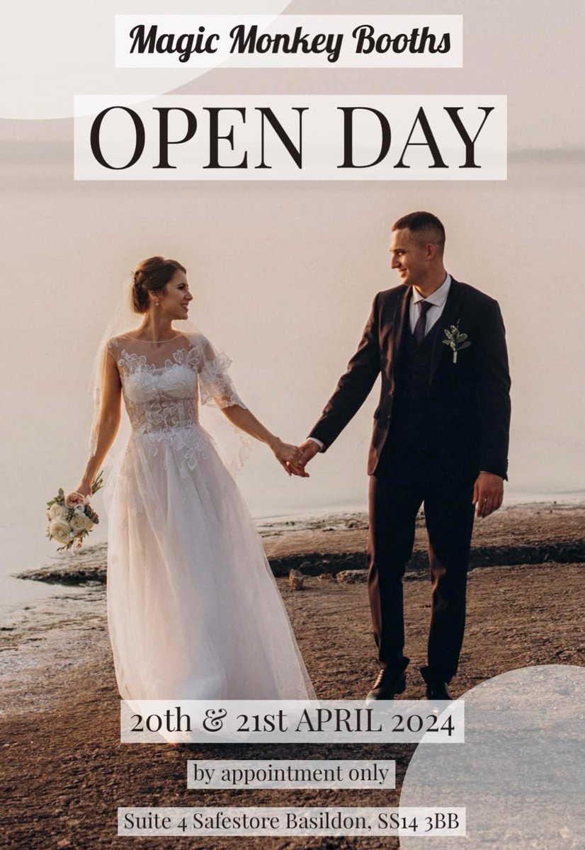 Here’s our upcoming Open Days, 20th &amp; 21st April. 
Come and meet us at our #Basildon showroom and see what we can do to help make your event extra special!

Message us to make an appointment.
Hope to see you there!

#wedding #photobooth #essex